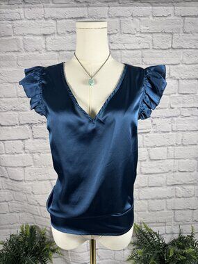 Navy Blue Satin Flutter Sleeve V-Neck Blouse M Ruffle Cap Sleeve Work Top